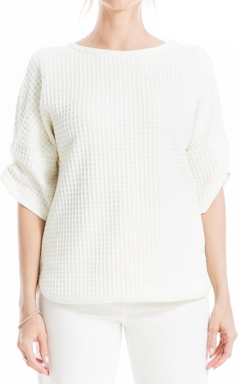 Max Studio Cream Textured Knit Round Neck Pullover Short Sleeve Top 2X